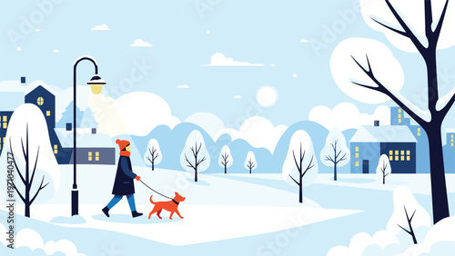 Young woman walking her dog in a snowy city park at dusk with houses and trees covered in white snow under a soft sky.