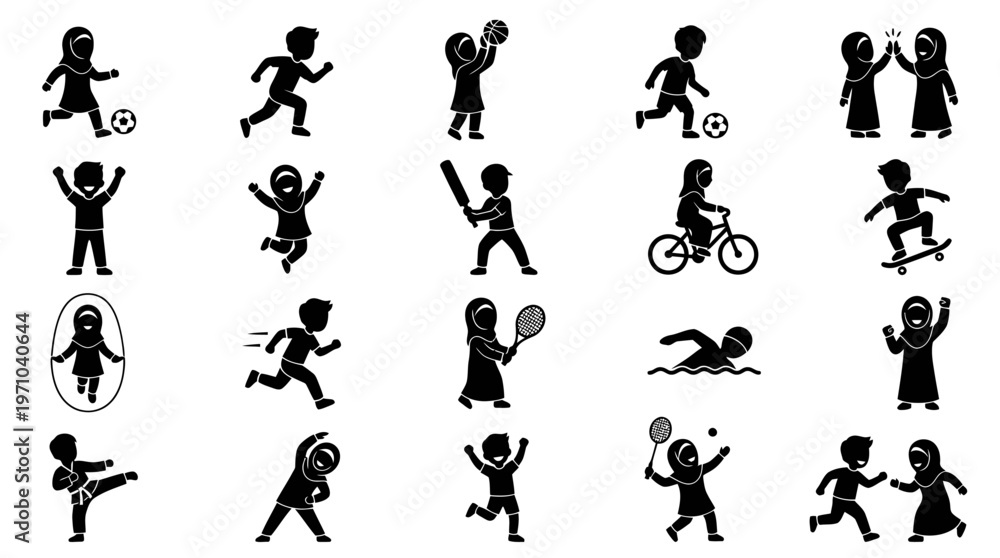 Fototapeta premium Children Sports and Activities Glyph Icons Set