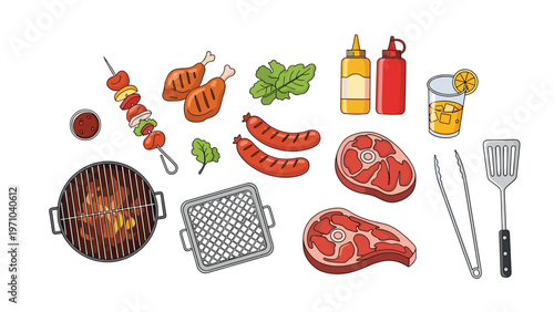 Extensive set of barbecue foods including grilled meat, chicken legs, skewers, sausages, a grill, and condiment bottles.