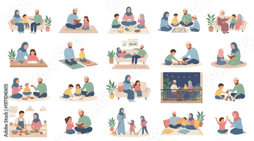 Muslim Family Life Flat Vector Illustration Collection: Parents and Children Daily Activities