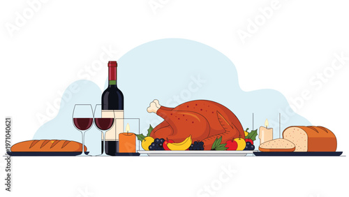 Festive dinner table set for Thanksgiving with a roasted turkey, wine, bread, candles, and fruits on a white background.