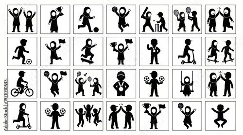 Diverse Children Sports Play Activities Black White Silhouette Icons Set