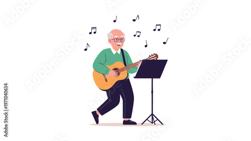Joyful senior man with glasses playing an acoustic guitar and singing from a music stand with musical notes in the air.