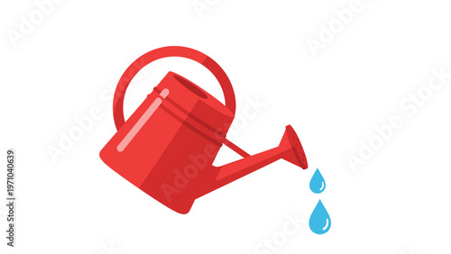 Bright red plastic watering can tilted to pour out drops of blue water isolated on a minimalist white background.