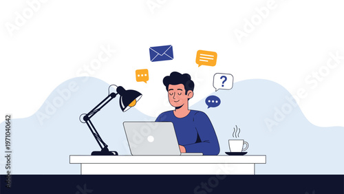 Young man using a laptop at his desk with various digital icons like messages and questions appearing above his head.