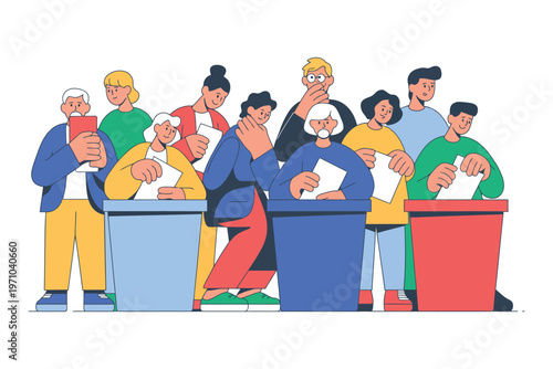 A diverse group of people stand at voting booths, casting their ballots during an election, symbolizing democratic participation and civic duty.