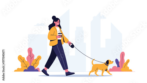 Smiling young woman walking her dog on a leash through a city park while holding a cup of coffee on a sunny day.