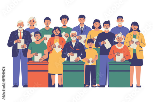A diverse group of people casting their votes in an election, symbolizing democratic participation and civic duty in a modern society.
