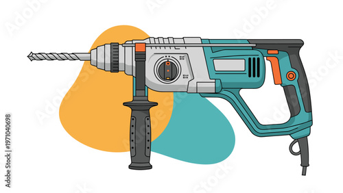 Professional electric hammer drill for construction and home repair projects shown on a decorative abstract background.