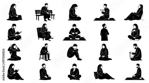 Islamic Muslim People Poses Glyph Set: Prayer, Reading, Sadness, Contemplation Black  White Silhouette