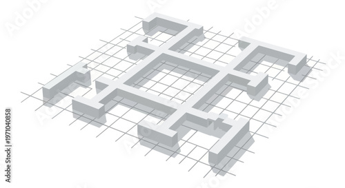 Minimalist 3D Isometric Architectural Floor Plan and Building Foundation Layout on Grid Background