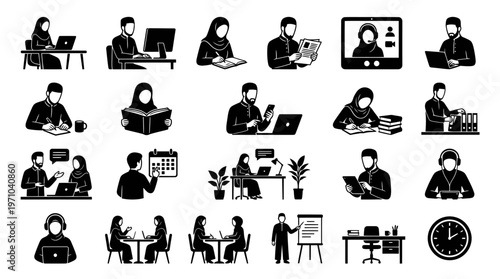 Business and Education Glyph Icons Set featuring Muslim People Working and Learning Activities