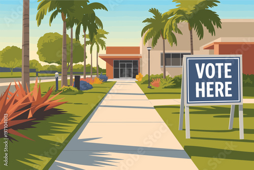 A "Vote Here" sign stands on the lawn outside a modern building, inviting citizens to participate in the democratic process during an election day event.