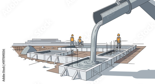 Construction Workers Pouring Concrete into Building Foundation at Work Site Vector Illustration