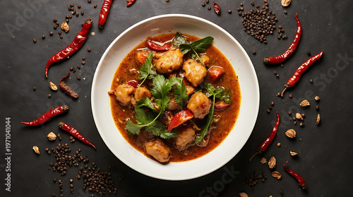A bowl of spicy chicken stir fry with chilies and vegetables is presented on a dark textured surface alongside whole and dried red chilies and scattered peppercorns