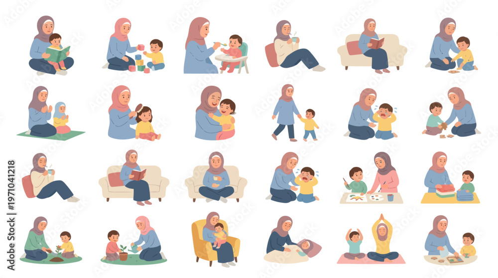 Fototapeta premium Muslim Mother and Child Daily Life Vector Illustration Set. Islamic Parenting, Care, and Education Activities in Flat Style.