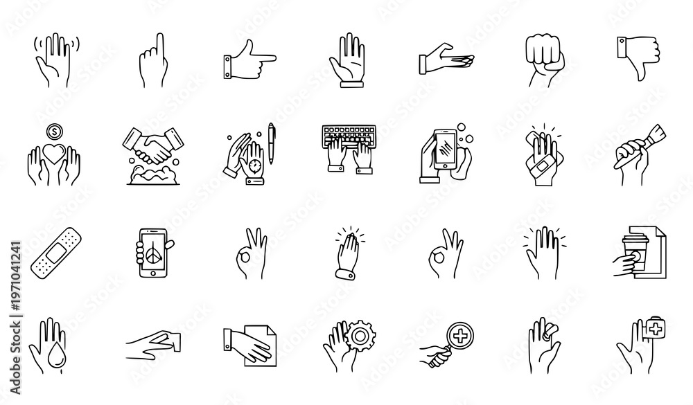 Fototapeta premium A set of hand icons and gestures in a minimalist line art style