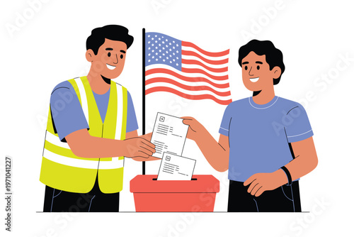 Two men are voting in an election in front of the American flag, symbolizing democratic participation and civic duty.