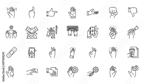 A set of hand icons and gestures in a minimalist line art style