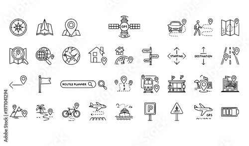 A collection of navigation icons for travel and route planning