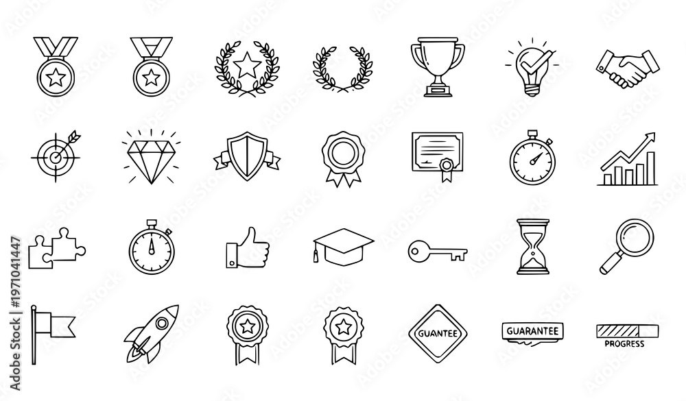 Fototapeta premium A collection of black and white line art icons representing achievement and success