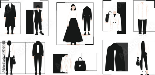 Minimalist Fashion Outfit Collection with Formal Wear, Black and White Clothing Combinations and Stylish Apparel Sets for Modern Wardrobe Illustration