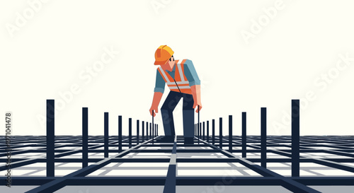 Construction Worker in Safety Vest Inspecting Steel Reinforcement Rebar on Building Site, Minimalist Vector Illustration for Infrastructure and Civil Engineering Projects