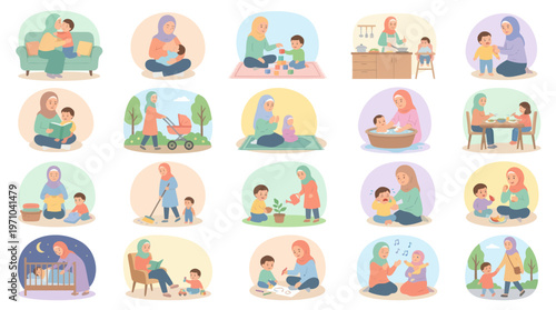Muslim Mother and Child Daily Life Activities Flat Vector Illustration Set