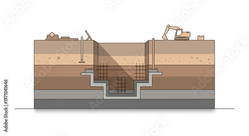 Architectural Cross-Section of Deep Foundation Excavation with Soil Strata, Rebar Reinforcement, and Construction Equipment