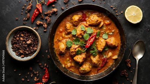 A bowl of spicy chicken stir fry with chilies and vegetables is presented on a dark textured surface alongside whole and dried red chilies and scattered peppercorns