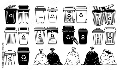 A collection of trash cans and recycling bins in a flat vector illustration