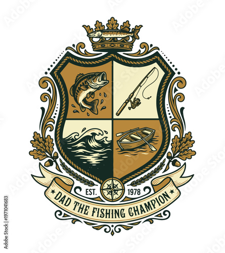 Vintage crest celebrating dad the fishing champion featuring a leaping fish rod and reel boat waves and a crown  Father's day t shirt design