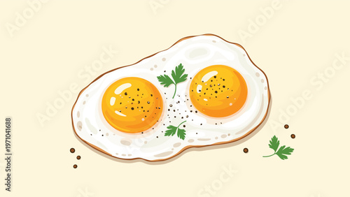 Two sunny side up fried eggs seasoned with ground black pepper and fresh parsley leaves on a light beige background.