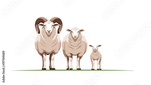Three sheep of different sizes including a large ram with curved horns standing together in a line on a grassy field.