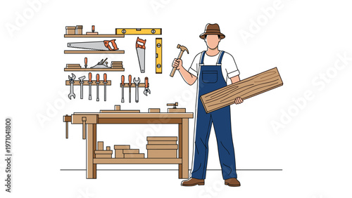 Male carpenter in blue overalls and a hat holding a hammer and a wooden board in a well-equipped woodworking workshop.