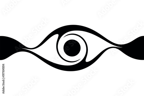 A stylized black and white illustration of an eye with wavy lines