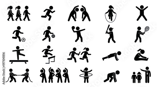 Active Kids Sports  Exercise Pictogram Glyphs Collection for Physical Education