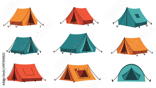 Collection of different camping tents in various shapes and colors like orange, teal, and red isolated on a white background.