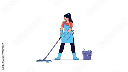 Woman wearing blue gloves and an apron mopping the floor with a purple bucket nearby on a clean white background.