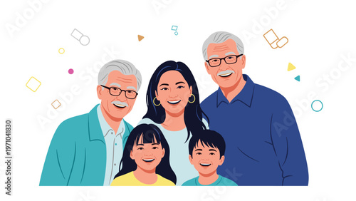 Happy diverse family consisting of two grandparents, a mother, and two children smiling together in a portrait.