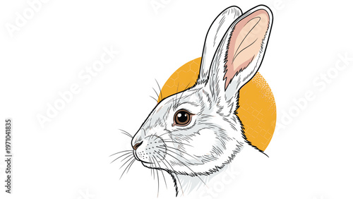 Detailed drawing of a cute white rabbit head with long ears and a pink nose against a warm orange sun background.