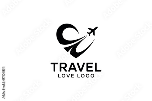 A stylized travel logo featuring a heart and airplane design