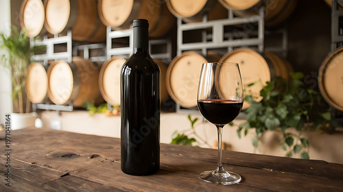 A single bottle of dark red wine stands on a rustic wooden table in front of a blurred winery bar with barrels and plants
