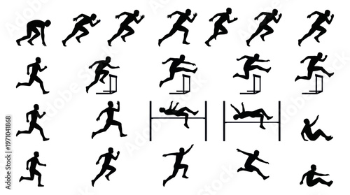 Track and Field Athletics Running, Hurdles, and High Jump Silhouette Vector Icons Set