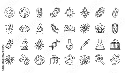 A set of scientific icons and illustrations for biology and microbiology