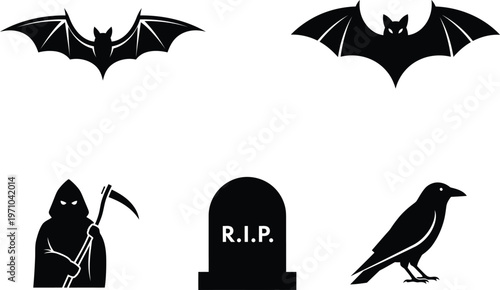 Halloween icons including bats grim reaper tombstone and crow