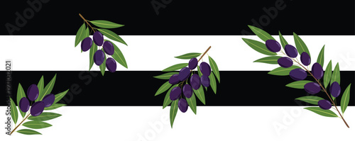 Bold Olive Branch Stripe Pattern on Black and White Background Mediterranean Farmhouse Design for Textile Wallpaper Packaging and Kitchen Decor