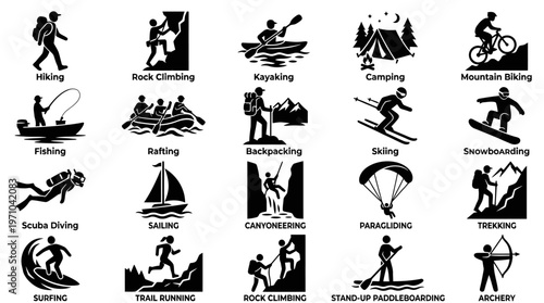 Outdoor Adventure Sports  Recreation Glyph Icons - Black  White Vector Set