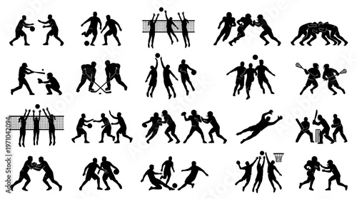 Sports Athletes Silhouettes Collection - Black  White Vector Glyphs
