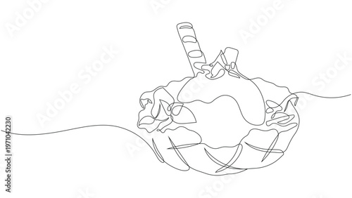 Single ontinuous line drawing of a gourmet ice cream waffle bowl with a wafer stick. Minimalist summer dessert illustration. Editable stroke.